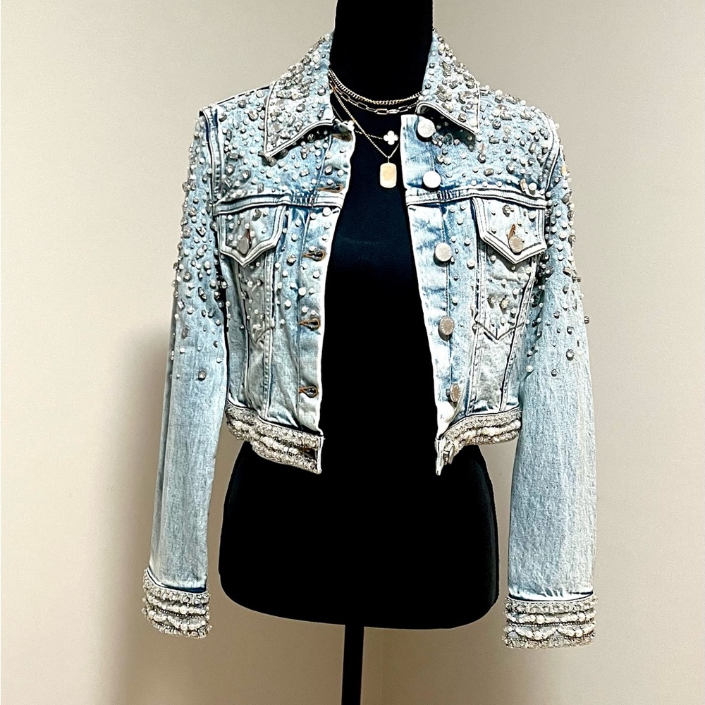 Alice + Olivia Blue Cropped Pearl Jean Jacket